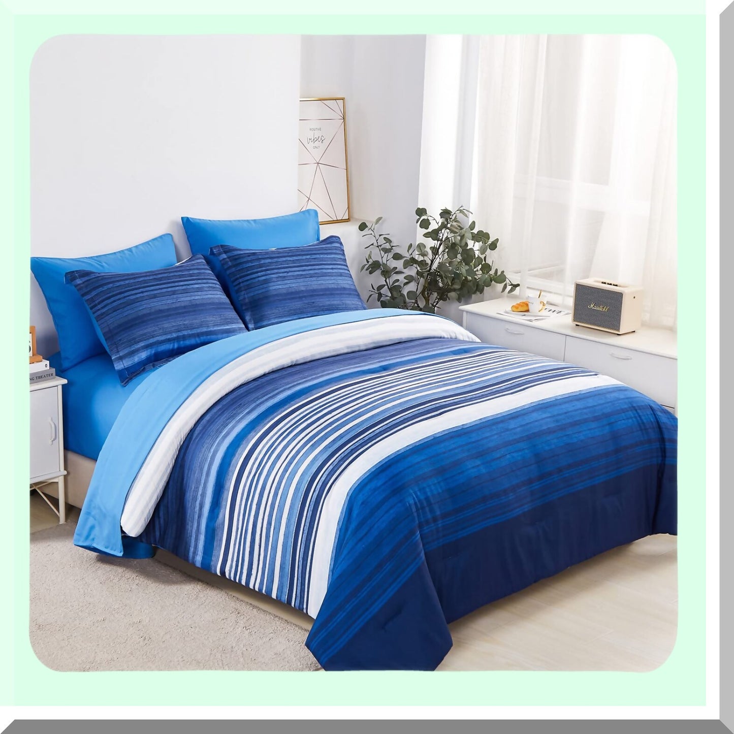 Blue Stripe Comforter Set - Full Size Bedding Bundle - Soft Microfiber Sheet Set - All Season Patchwork Bed in a Bag - 7 Piece Complete Set