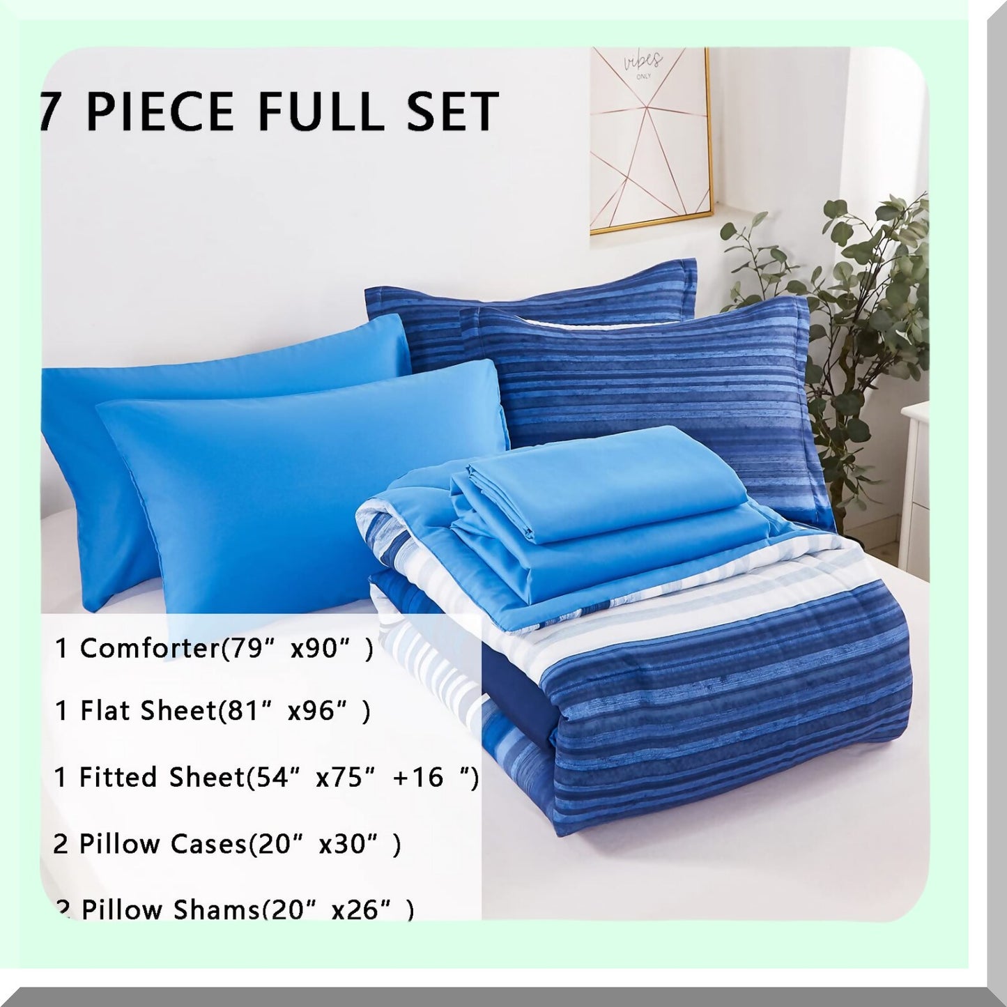 Blue Stripe Comforter Set - Full Size Bedding Bundle - Soft Microfiber Sheet Set - All Season Patchwork Bed in a Bag - 7 Piece Complete Set