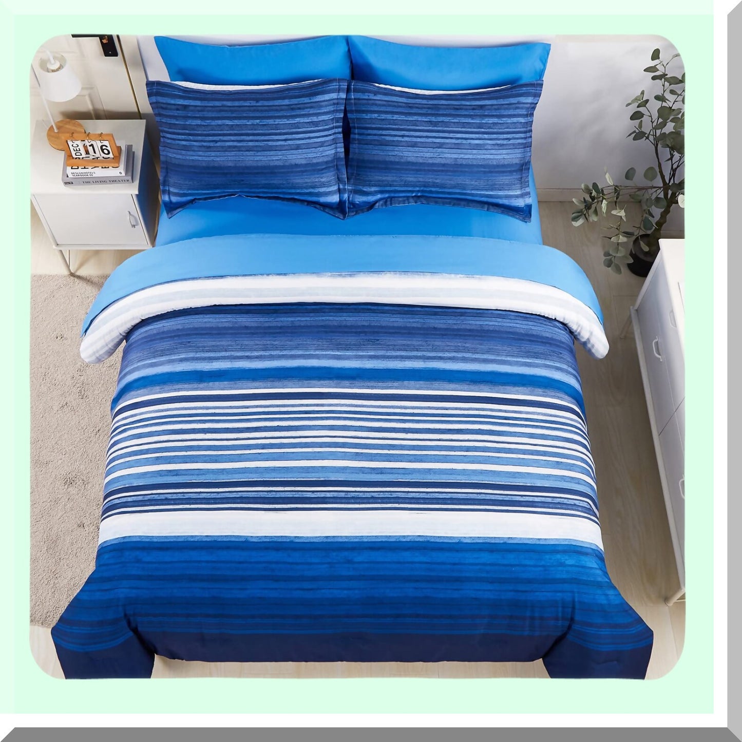 Blue Stripe Comforter Set - Full Size Bedding Bundle - Soft Microfiber Sheet Set - All Season Patchwork Bed in a Bag - 7 Piece Complete Set