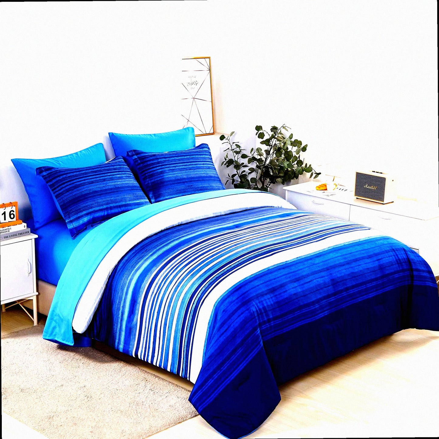 Blue Stripe Comforter Set - Full Size Bedding Bundle - Soft Microfiber Sheet Set - All Season Patchwork Bed in a Bag - 7 Piece Complete Set