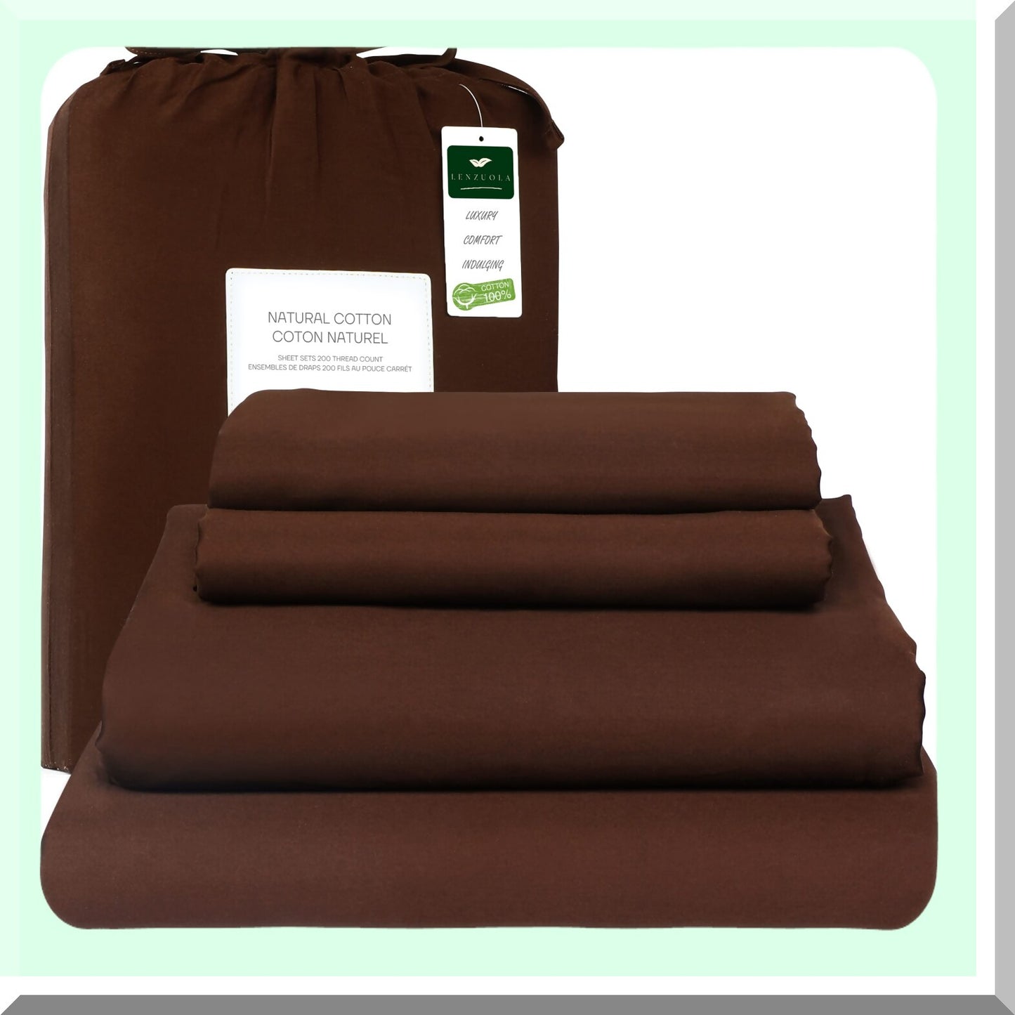 CoolCotton Deep Pocket 4-Piece Bed Sheet Set - Sateen Weave, Breathable & Cooling - Choco Brown Queen Sheets - Elastic All Around - 100% Natural