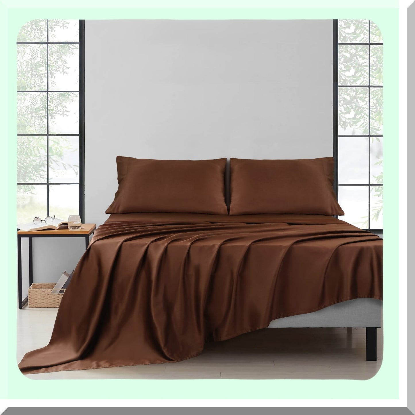 CoolCotton Deep Pocket 4-Piece Bed Sheet Set - Sateen Weave, Breathable & Cooling - Choco Brown Queen Sheets - Elastic All Around - 100% Natural