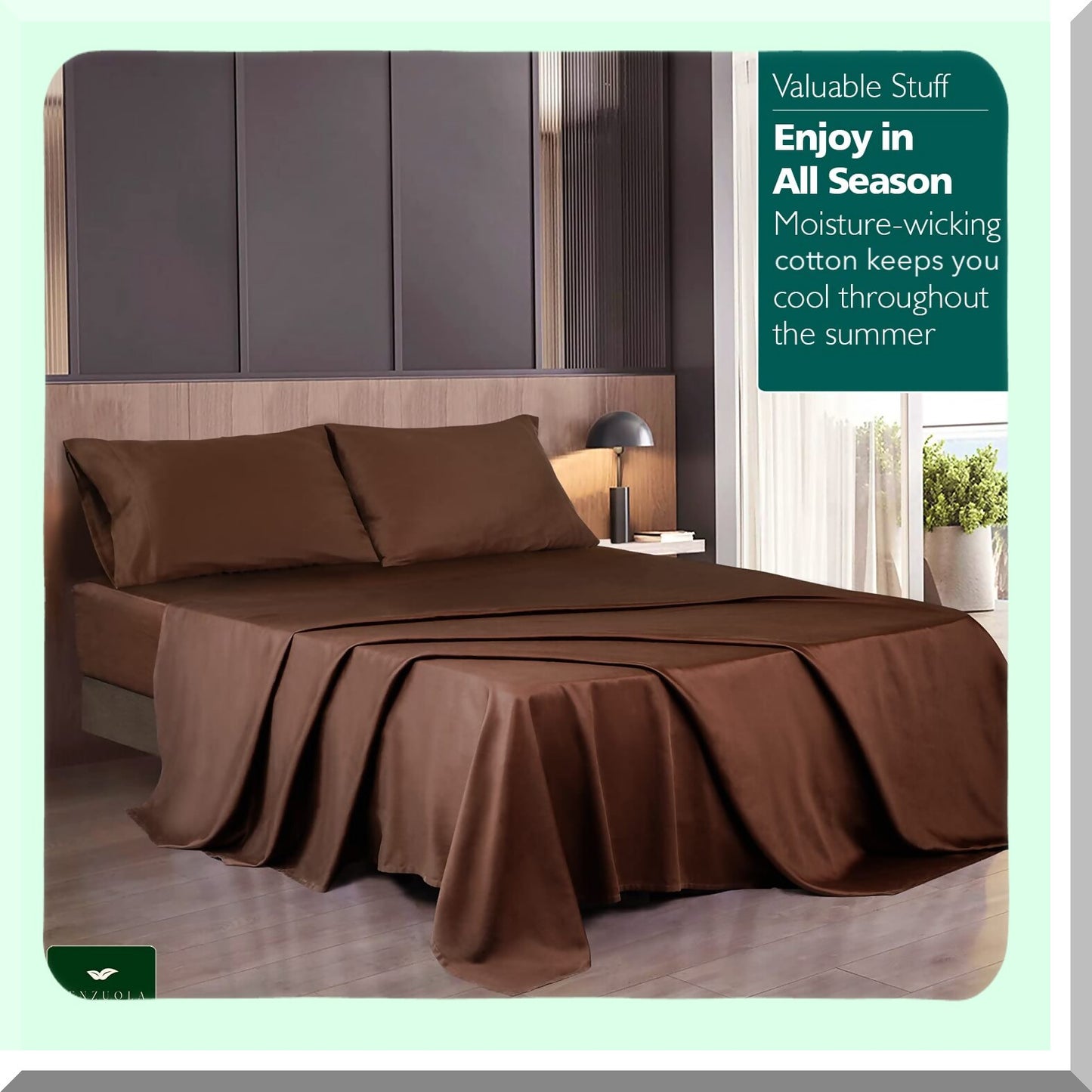 CoolCotton Deep Pocket 4-Piece Bed Sheet Set - Sateen Weave, Breathable & Cooling - Choco Brown Queen Sheets - Elastic All Around - 100% Natural
