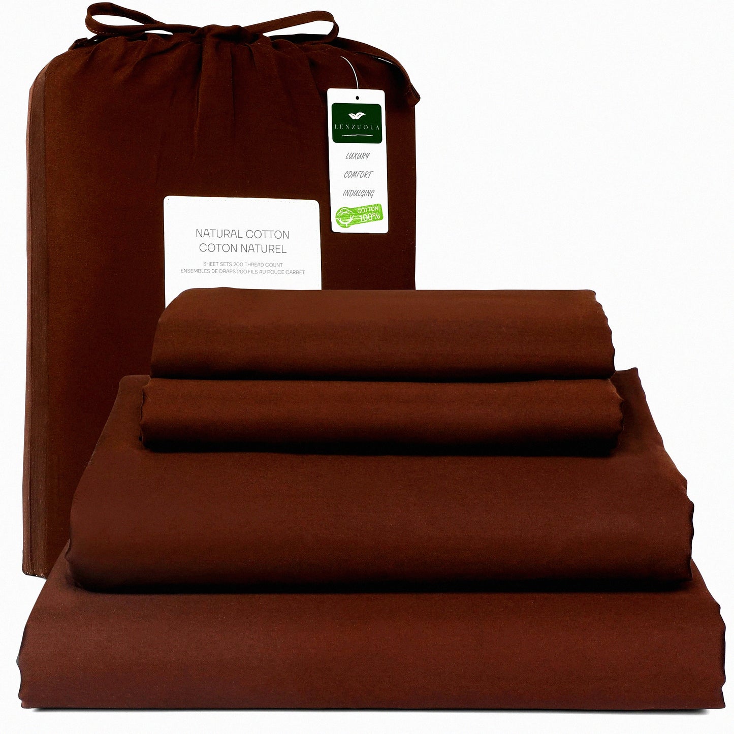 CoolCotton Deep Pocket 4-Piece Bed Sheet Set - Sateen Weave, Breathable & Cooling - Choco Brown Queen Sheets - Elastic All Around - 100% Natural