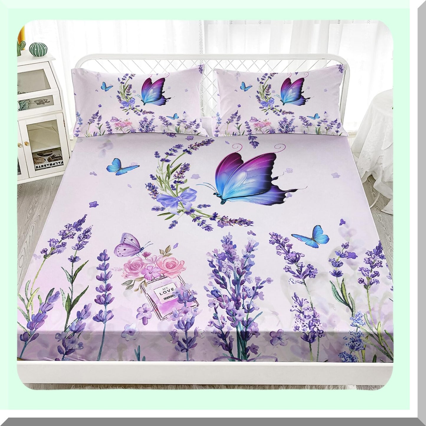 Lavender Blossom Butterfly Bedding Set - Full Size Floral Fitted Sheet & Pillowcase Set - Flying Butterfly & Flowers Print Bed Sheet Set