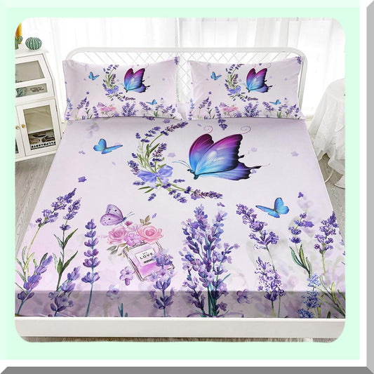 Lavender Blossom Butterfly Bedding Set - Full Size Floral Fitted Sheet & Pillowcase Set - Flying Butterfly & Flowers Print Bed Sheet Set