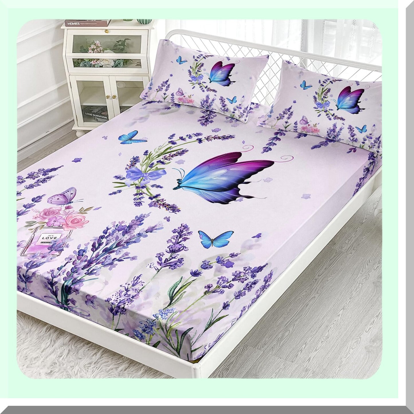Lavender Blossom Butterfly Bedding Set - Full Size Floral Fitted Sheet & Pillowcase Set - Flying Butterfly & Flowers Print Bed Sheet Set