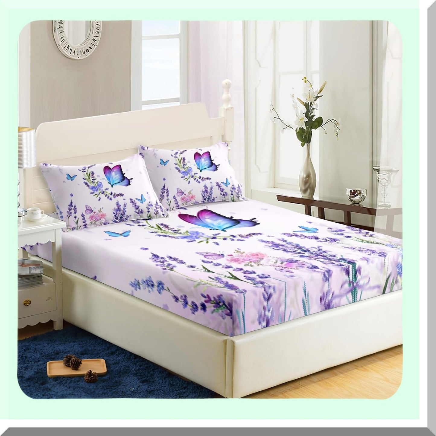 Lavender Blossom Butterfly Bedding Set - Full Size Floral Fitted Sheet & Pillowcase Set - Flying Butterfly & Flowers Print Bed Sheet Set
