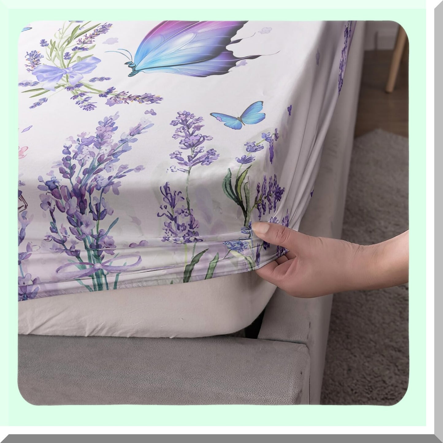 Lavender Blossom Butterfly Bedding Set - Full Size Floral Fitted Sheet & Pillowcase Set - Flying Butterfly & Flowers Print Bed Sheet Set