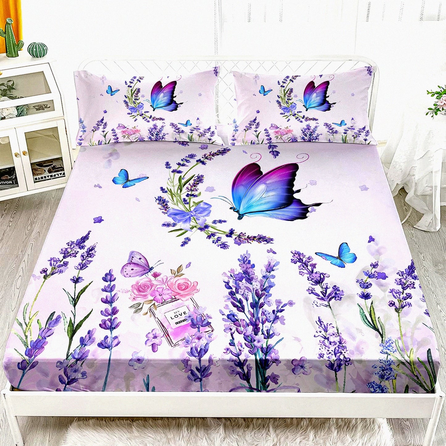 Lavender Blossom Butterfly Bedding Set - Full Size Floral Fitted Sheet & Pillowcase Set - Flying Butterfly & Flowers Print Bed Sheet Set