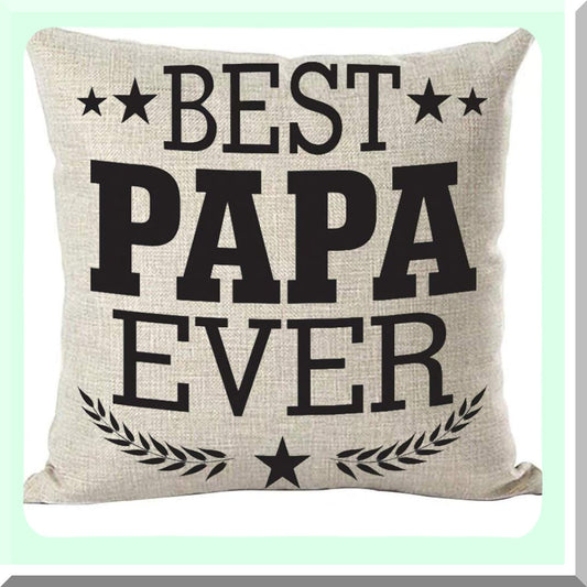 Best Papa Ever Inspirational Quote Decorative Pillow Cover - Black Stars & Leaves Design - 18x18 Inches Cotton Linen Square for Home Living Room Bed Sofa Car