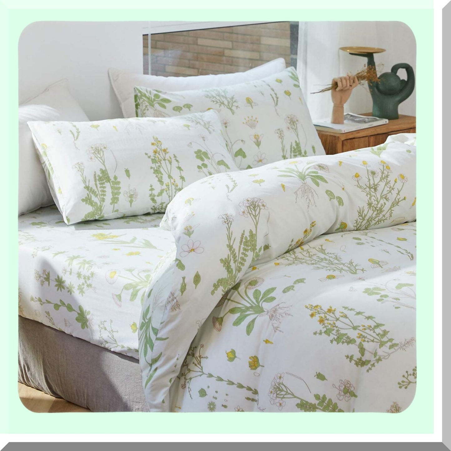 Floral Bliss Comforter Set - 3 Piece Bedding Set with Flowers and Leaves Print on Green Tint, Soft Microfiber, All Season Comforter with 2 Pillow Shams - 102x90 inches