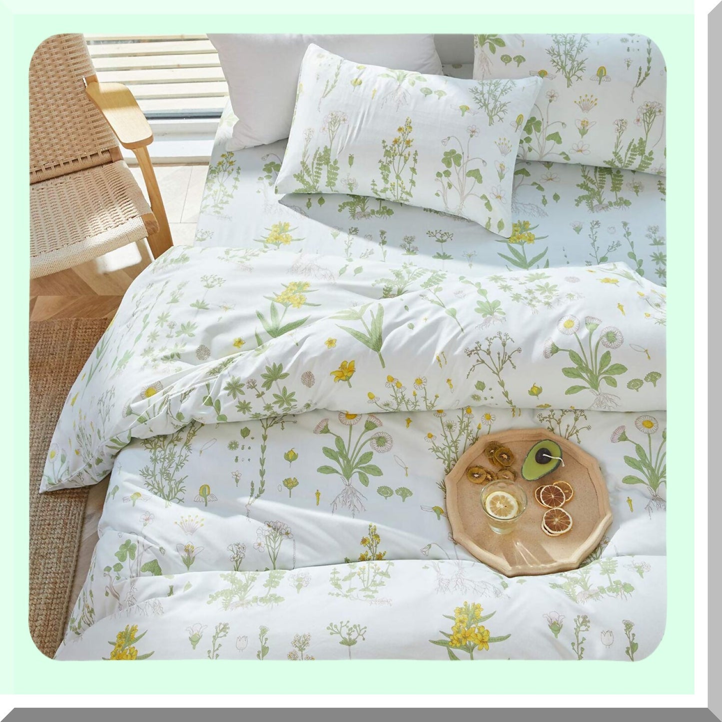 Floral Bliss Comforter Set - 3 Piece Bedding Set with Flowers and Leaves Print on Green Tint, Soft Microfiber, All Season Comforter with 2 Pillow Shams - 102x90 inches