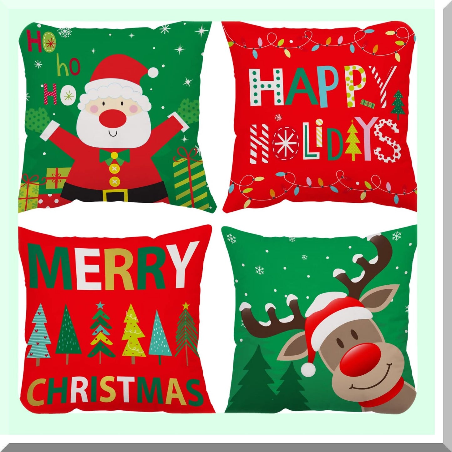Velvet Xmas Tree Cushion Covers - Set of 4 Red Green Holiday Throw Pillow Cases - Soft 22x22 Inch Merry Pillow Covers for Home Sofa Bed Outdoor