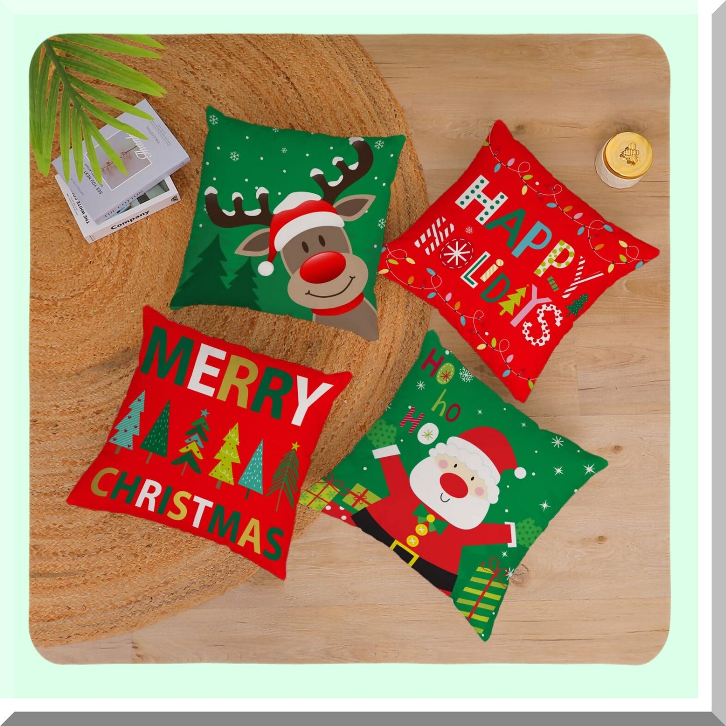 Velvet Xmas Tree Cushion Covers - Set of 4 Red Green Holiday Throw Pillow Cases - Soft 22x22 Inch Merry Pillow Covers for Home Sofa Bed Outdoor