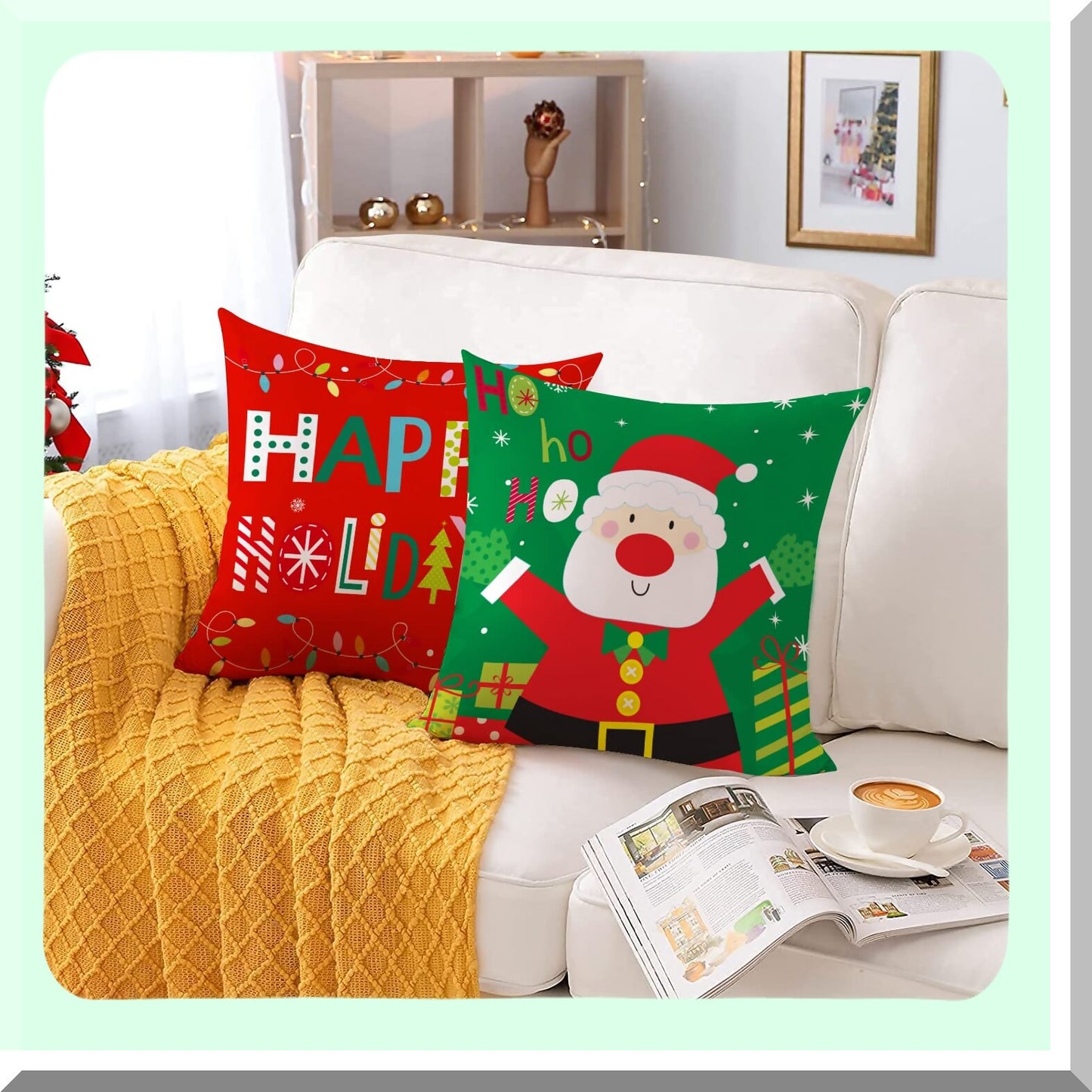 Velvet Xmas Tree Cushion Covers - Set of 4 Red Green Holiday Throw Pillow Cases - Soft 22x22 Inch Merry Pillow Covers for Home Sofa Bed Outdoor