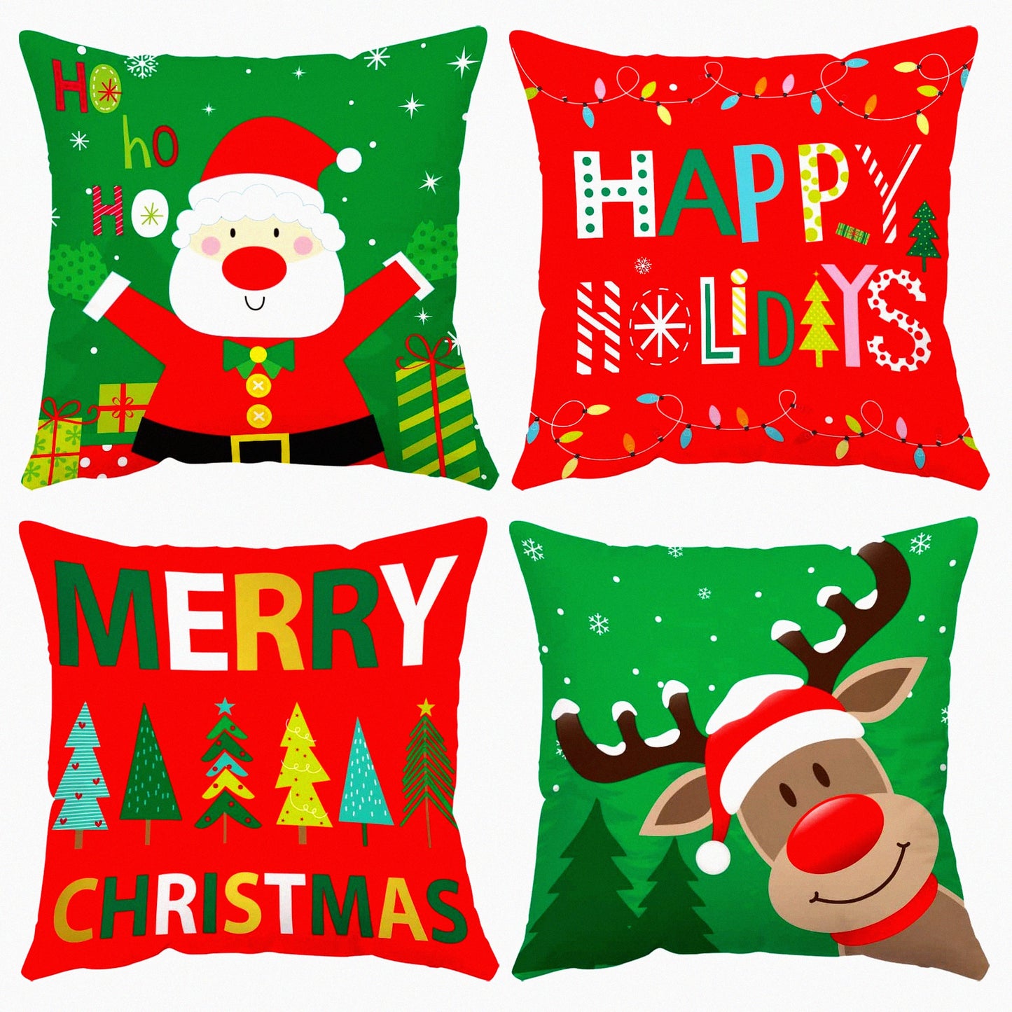 Velvet Xmas Tree Cushion Covers - Set of 4 Red Green Holiday Throw Pillow Cases - Soft 22x22 Inch Merry Pillow Covers for Home Sofa Bed Outdoor