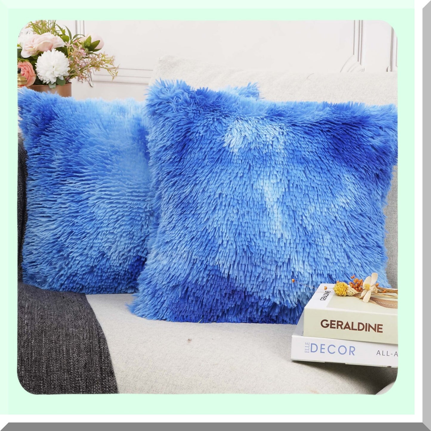 Luxury Fluffy Navy Throw Pillow Set - 2 Pack Decorative Cushion Covers, Colorful Fuzzy Series for Home Decor, 18''x18'' Size