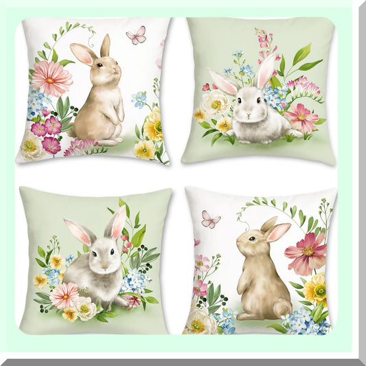 Velvet Bunny Spring Pillow Covers - Set of 4 18x18 Decorative Cushion Cases for Couch, Sofa, Patio & Garden - Soft Rabbit Spring Decor