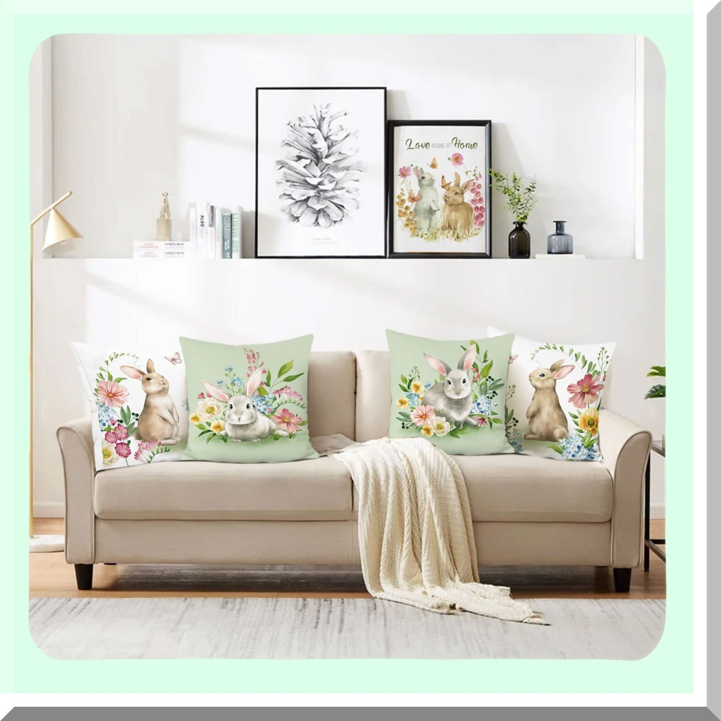 Velvet Bunny Spring Pillow Covers - Set of 4 18x18 Decorative Cushion Cases for Couch, Sofa, Patio & Garden - Soft Rabbit Spring Decor