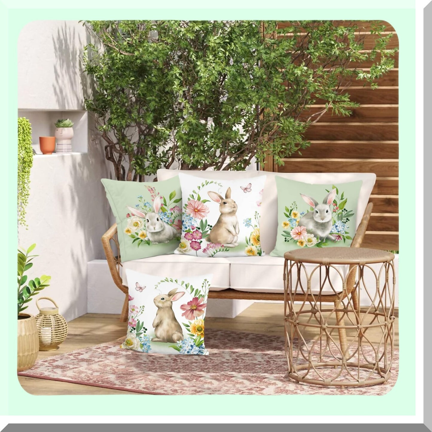 Velvet Bunny Spring Pillow Covers - Set of 4 18x18 Decorative Cushion Cases for Couch, Sofa, Patio & Garden - Soft Rabbit Spring Decor