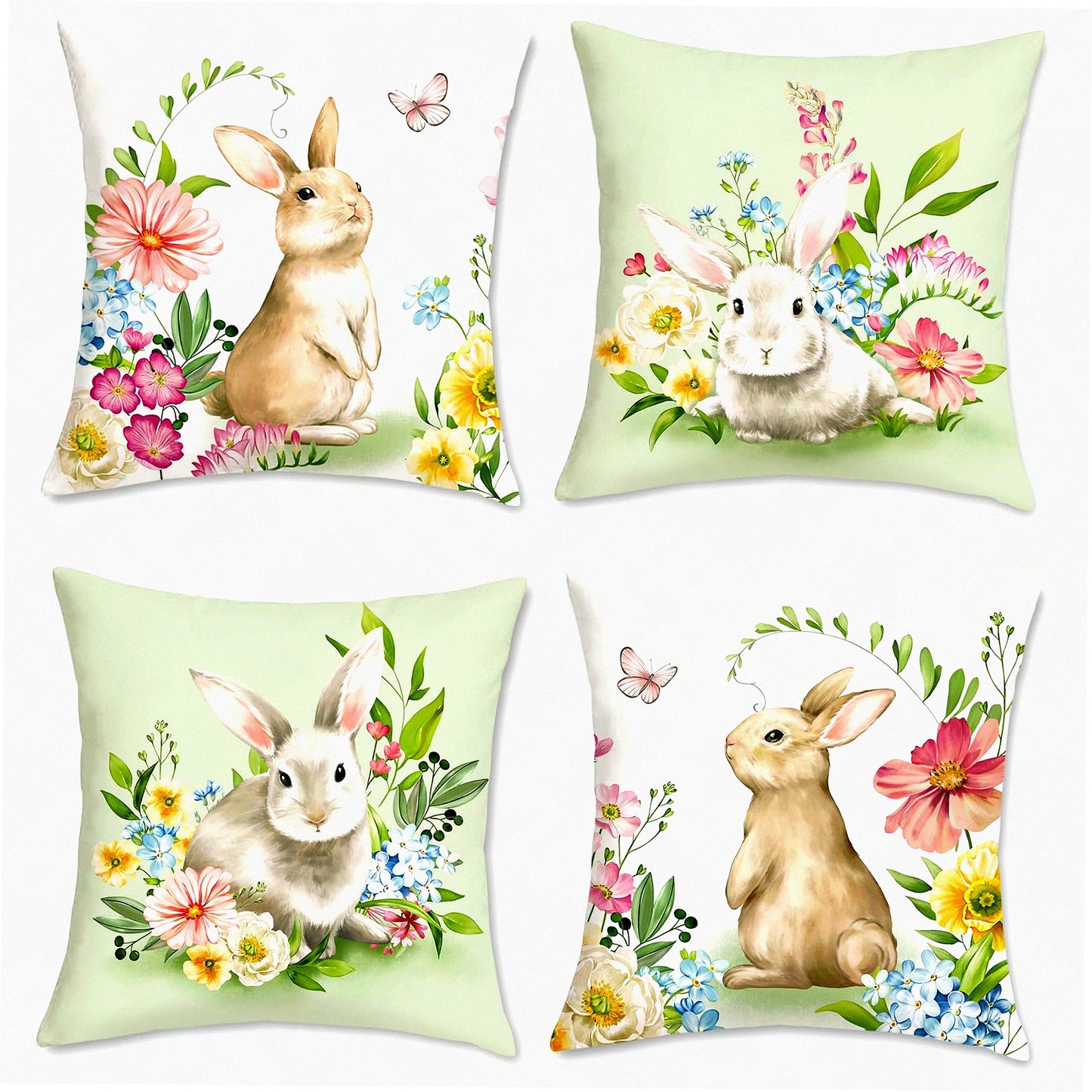 Velvet Bunny Spring Pillow Covers - Set of 4 18x18 Decorative Cushion Cases for Couch, Sofa, Patio & Garden - Soft Rabbit Spring Decor