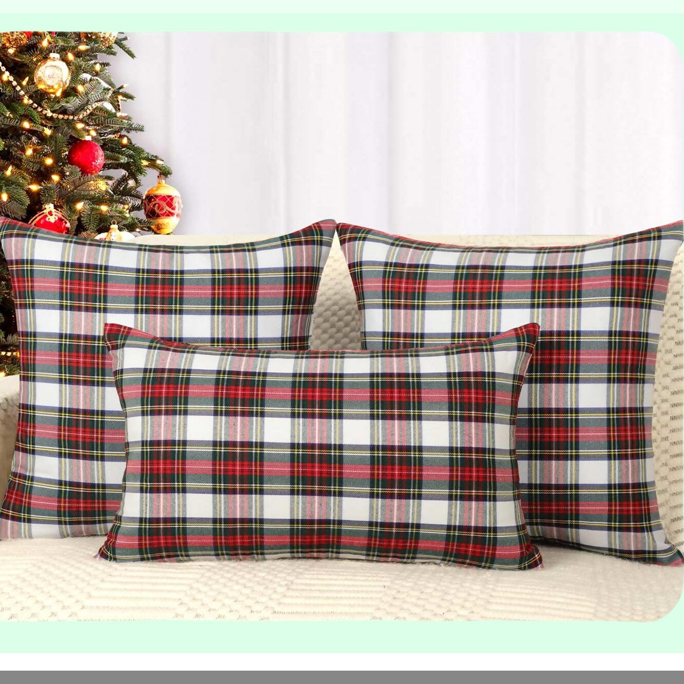 Farmhouse Plaid Pillow Covers Set - Scottish Tartan Cushion Cases, Red & White, 18x18 Inches - Cozy Polyester Home Decor Accent for Sofa & Bed