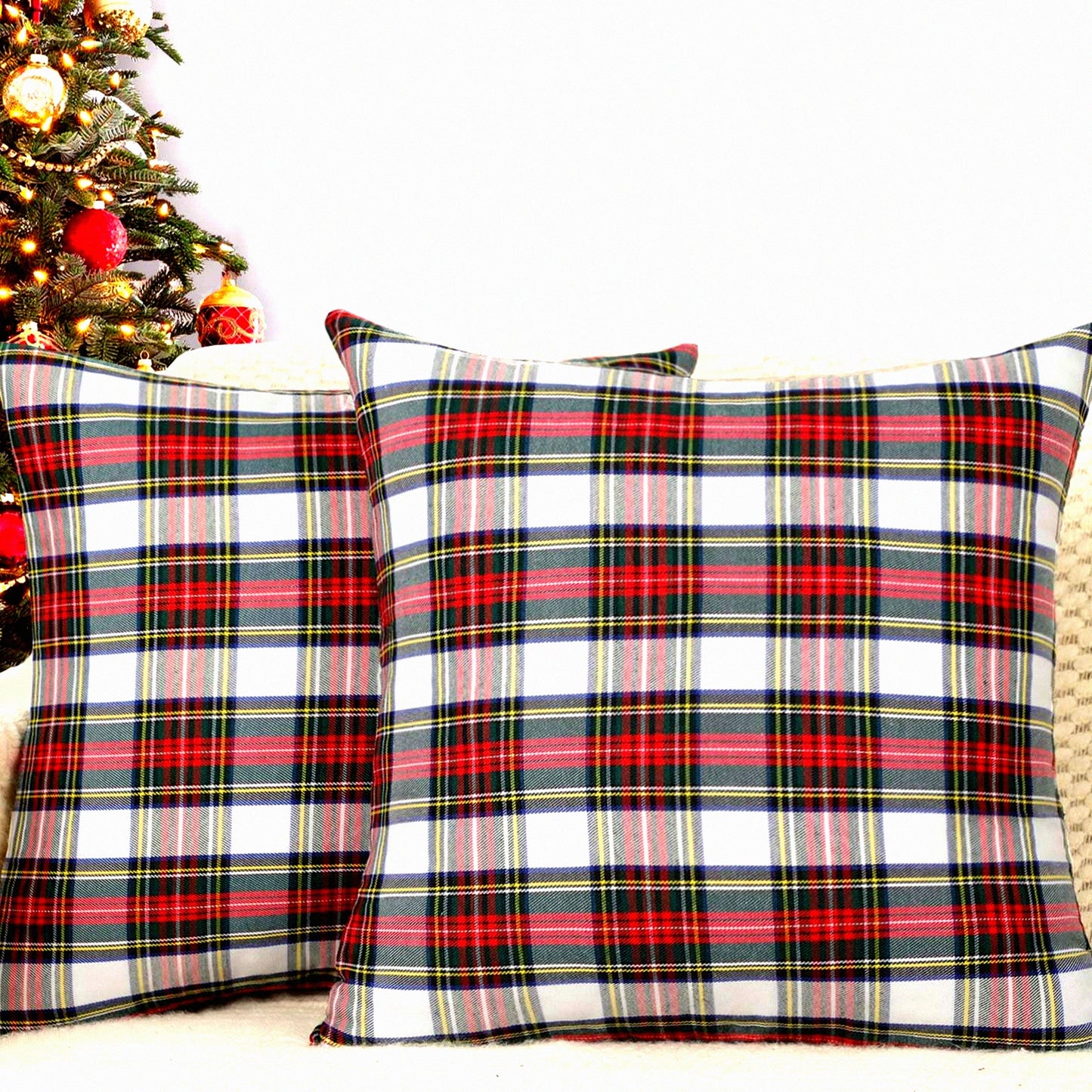 Farmhouse Plaid Pillow Covers Set - Scottish Tartan Cushion Cases, Red & White, 18x18 Inches - Cozy Polyester Home Decor Accent for Sofa & Bed