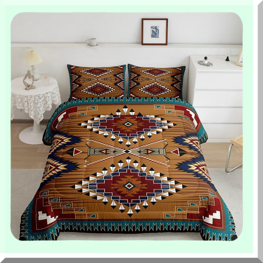 Rustic Boho Farmhouse Comforter Set - Vintage Southwestern Quilted Duvet Insert for Full Size Bed, Country Western Room Decor - Exotic Bohemian Style
