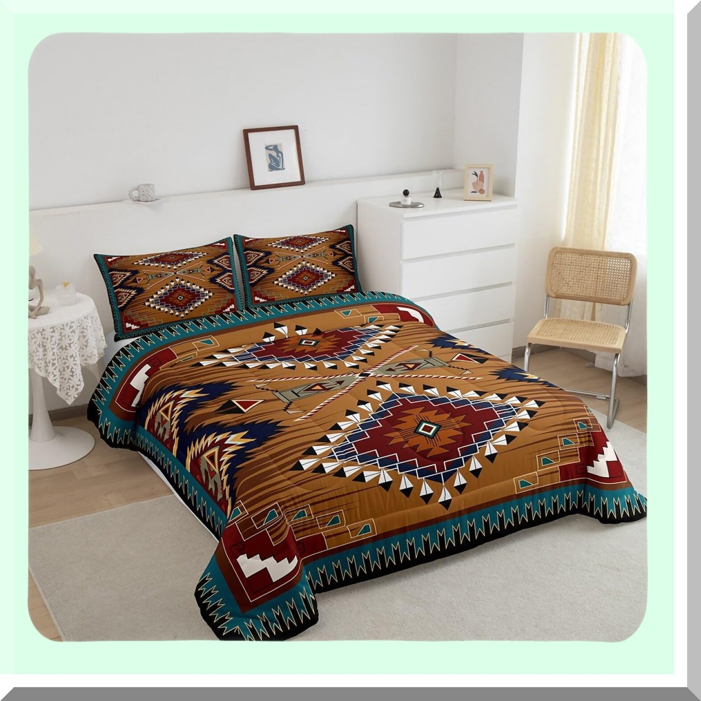 Rustic Boho Farmhouse Comforter Set - Vintage Southwestern Quilted Duvet Insert for Full Size Bed, Country Western Room Decor - Exotic Bohemian Style