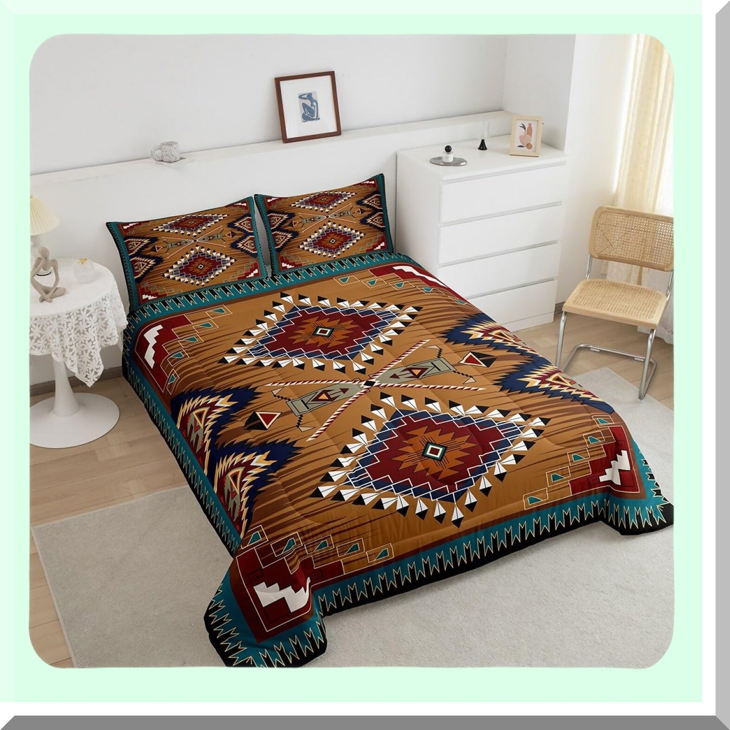 Rustic Boho Farmhouse Comforter Set - Vintage Southwestern Quilted Duvet Insert for Full Size Bed, Country Western Room Decor - Exotic Bohemian Style