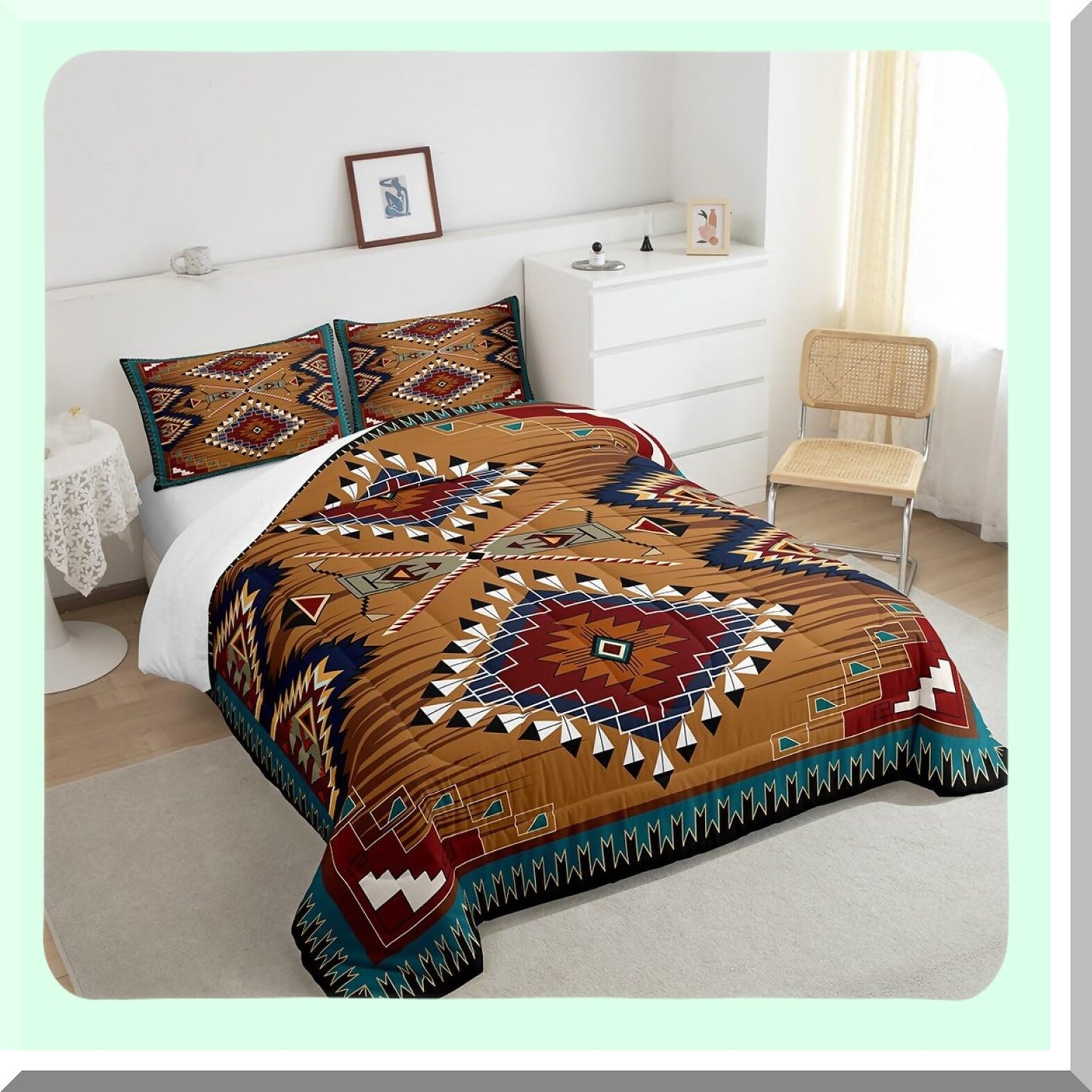 Rustic Boho Farmhouse Comforter Set - Vintage Southwestern Quilted Duvet Insert for Full Size Bed, Country Western Room Decor - Exotic Bohemian Style