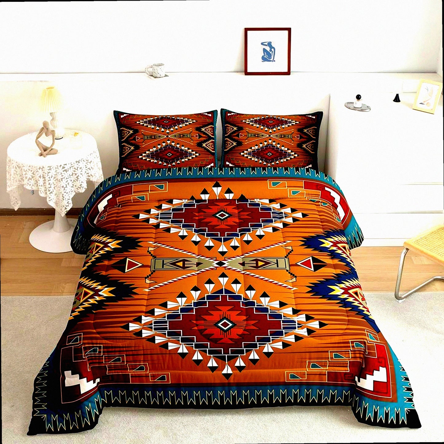 Rustic Boho Farmhouse Comforter Set - Vintage Southwestern Quilted Duvet Insert for Full Size Bed, Country Western Room Decor - Exotic Bohemian Style
