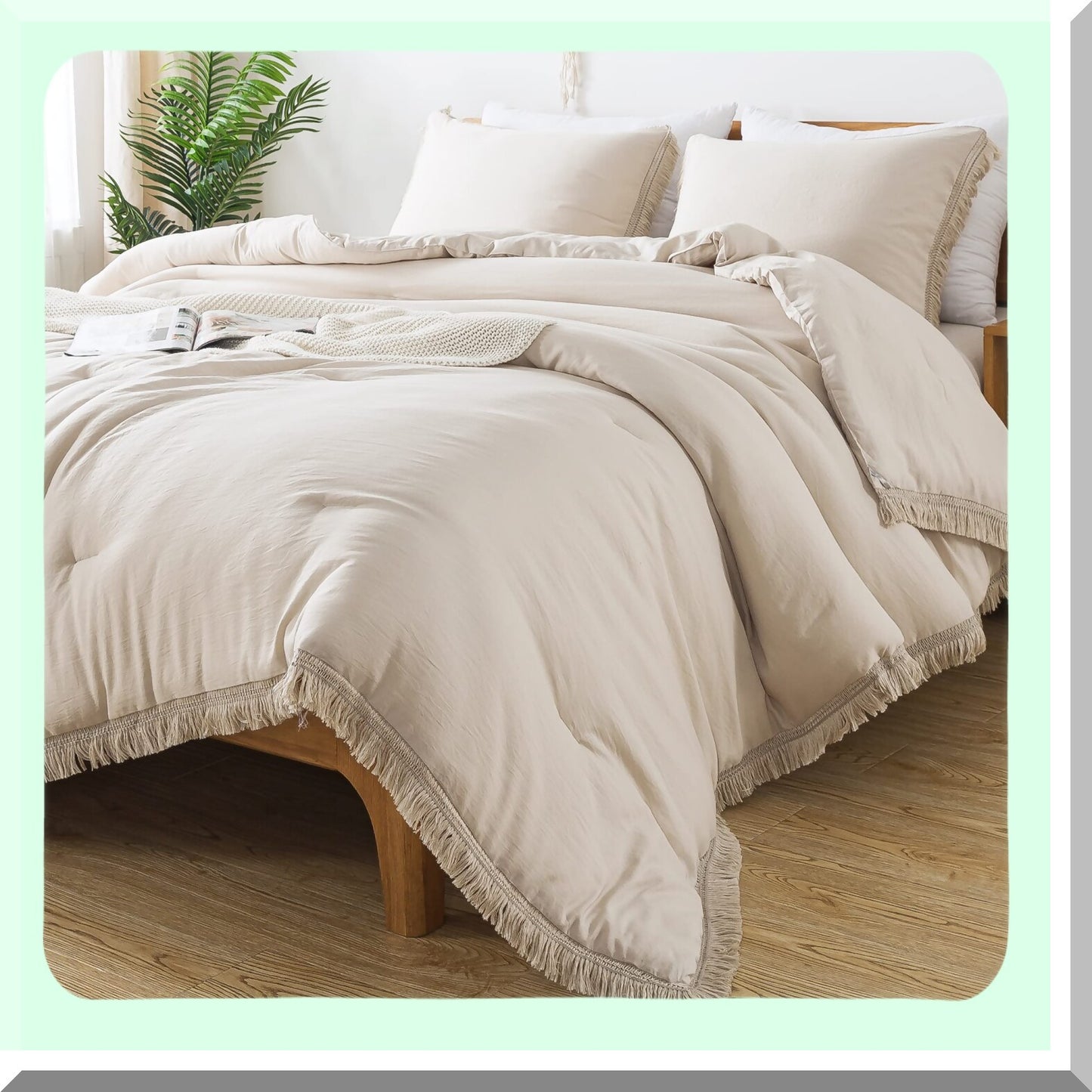 Boho Bliss Comforter Set - Lightweight Tel Fluffy Bedding, Soft All Season Bed Set with 2 Pillowcases - Beige, 3 Pieces, 104x90In Size