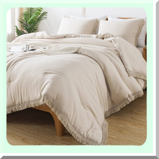 Boho Bliss Comforter Set - Lightweight Tel Fluffy Bedding, Soft All Season Bed Set with 2 Pillowcases - Beige, 3 Pieces, 104x90In Size