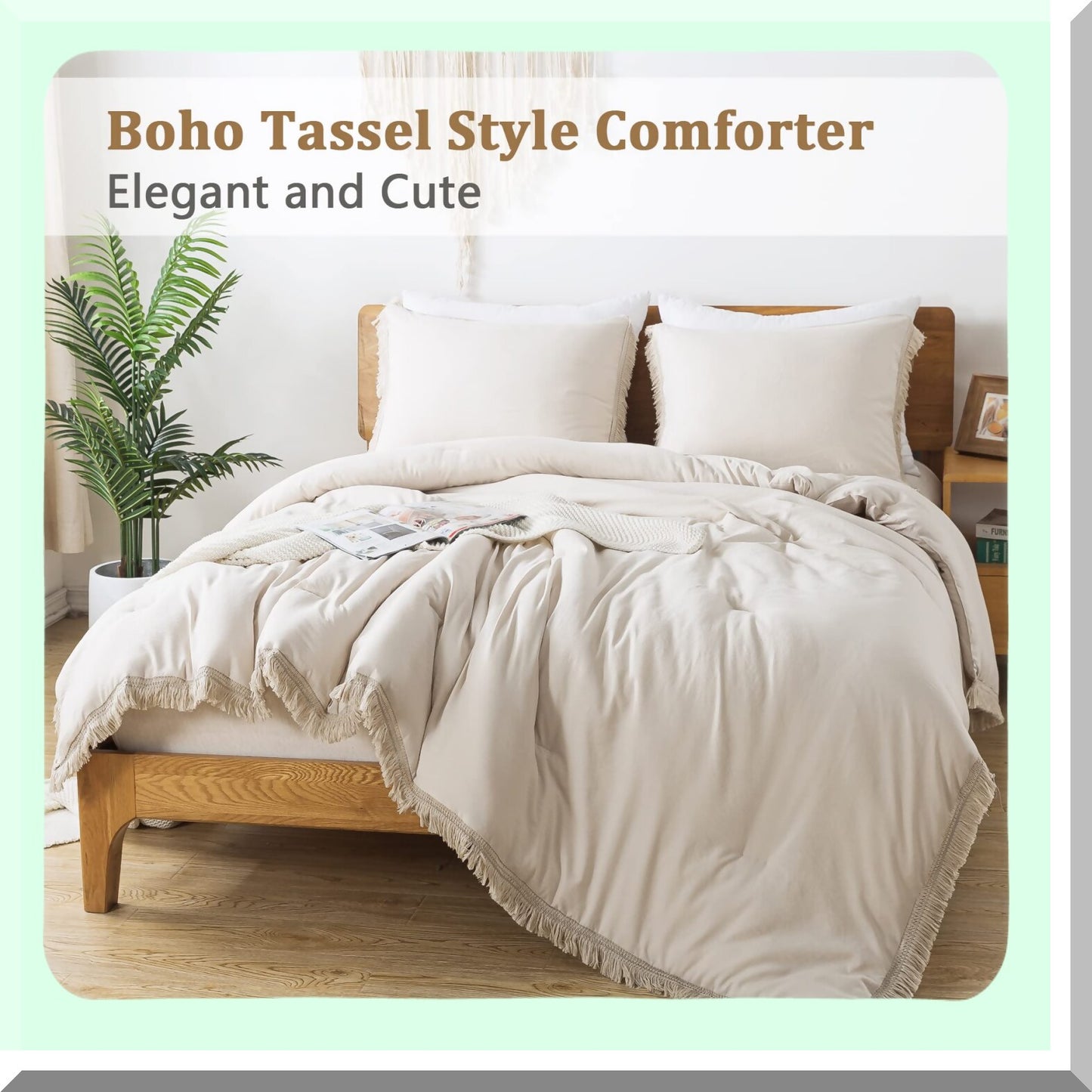 Boho Bliss Comforter Set - Lightweight Tel Fluffy Bedding, Soft All Season Bed Set with 2 Pillowcases - Beige, 3 Pieces, 104x90In Size