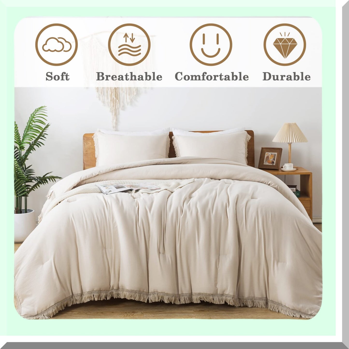 Boho Bliss Comforter Set - Lightweight Tel Fluffy Bedding, Soft All Season Bed Set with 2 Pillowcases - Beige, 3 Pieces, 104x90In Size