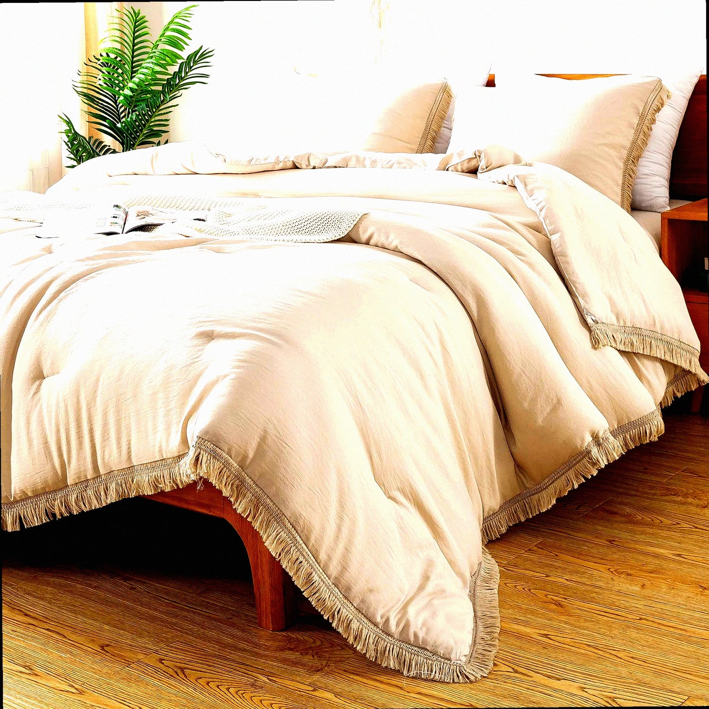 Boho Bliss Comforter Set - Lightweight Tel Fluffy Bedding, Soft All Season Bed Set with 2 Pillowcases - Beige, 3 Pieces, 104x90In Size