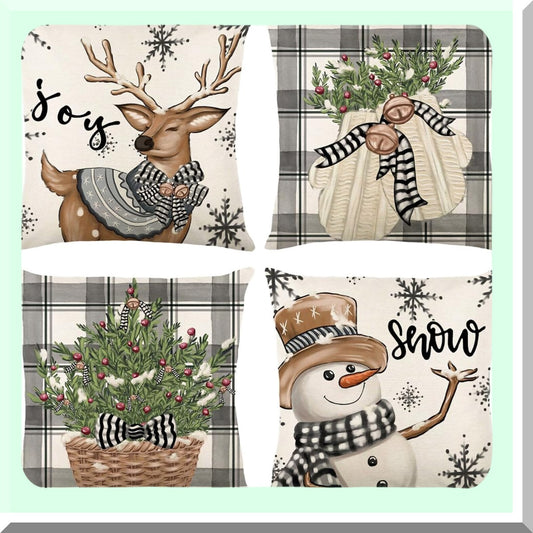 Winter Wonderland Holiday Pillow Covers - Set of 4 Snowman Reindeer Gloves Eucalyptus Throw Pillow Cases, 18 x 18 Inch Winter Stripes Cushion Decoration for Sofa