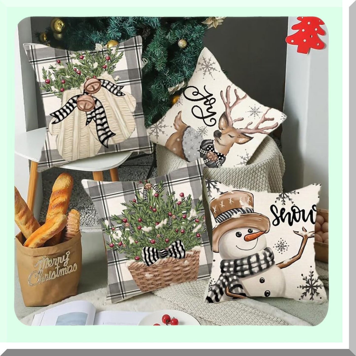 Winter Wonderland Holiday Pillow Covers - Set of 4 Snowman Reindeer Gloves Eucalyptus Throw Pillow Cases, 18 x 18 Inch Winter Stripes Cushion Decoration for Sofa