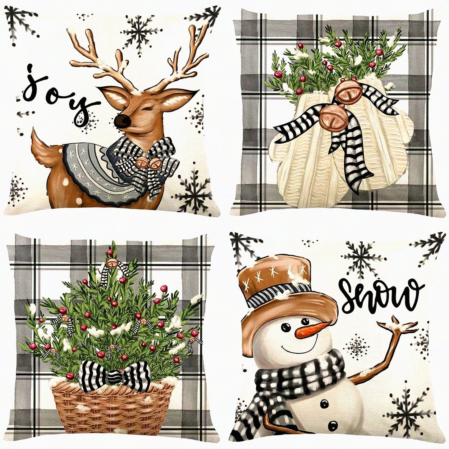 Winter Wonderland Holiday Pillow Covers - Set of 4 Snowman Reindeer Gloves Eucalyptus Throw Pillow Cases, 18 x 18 Inch Winter Stripes Cushion Decoration for Sofa
