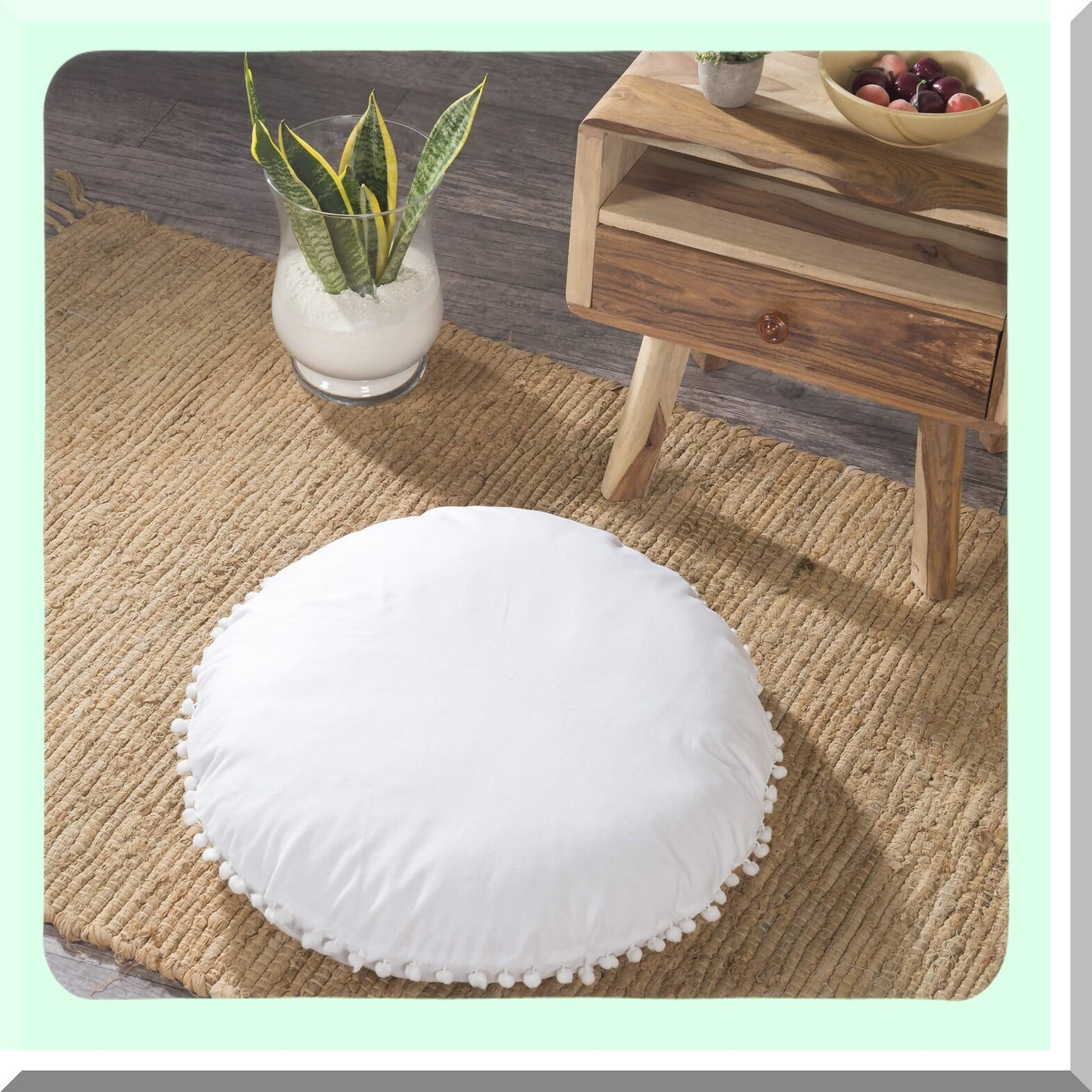 Bohemian Ombre Round Floor Pillow Cover - Large 24" Pure White Cushion Sham for Ottoman Decor, Hippie Yoga Decorative Pouf Cover