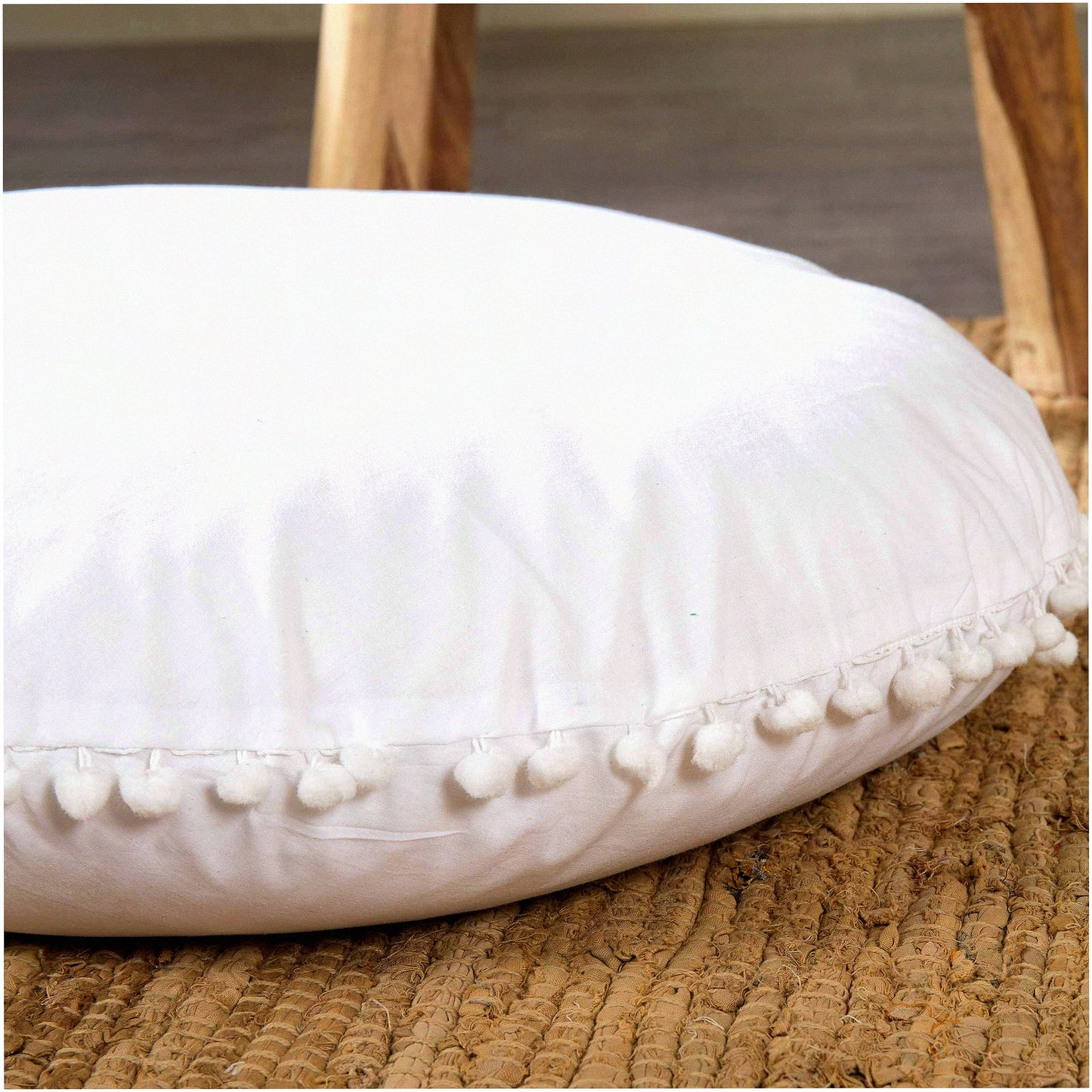 Bohemian Ombre Round Floor Pillow Cover - Large 24" Pure White Cushion Sham for Ottoman Decor, Hippie Yoga Decorative Pouf Cover