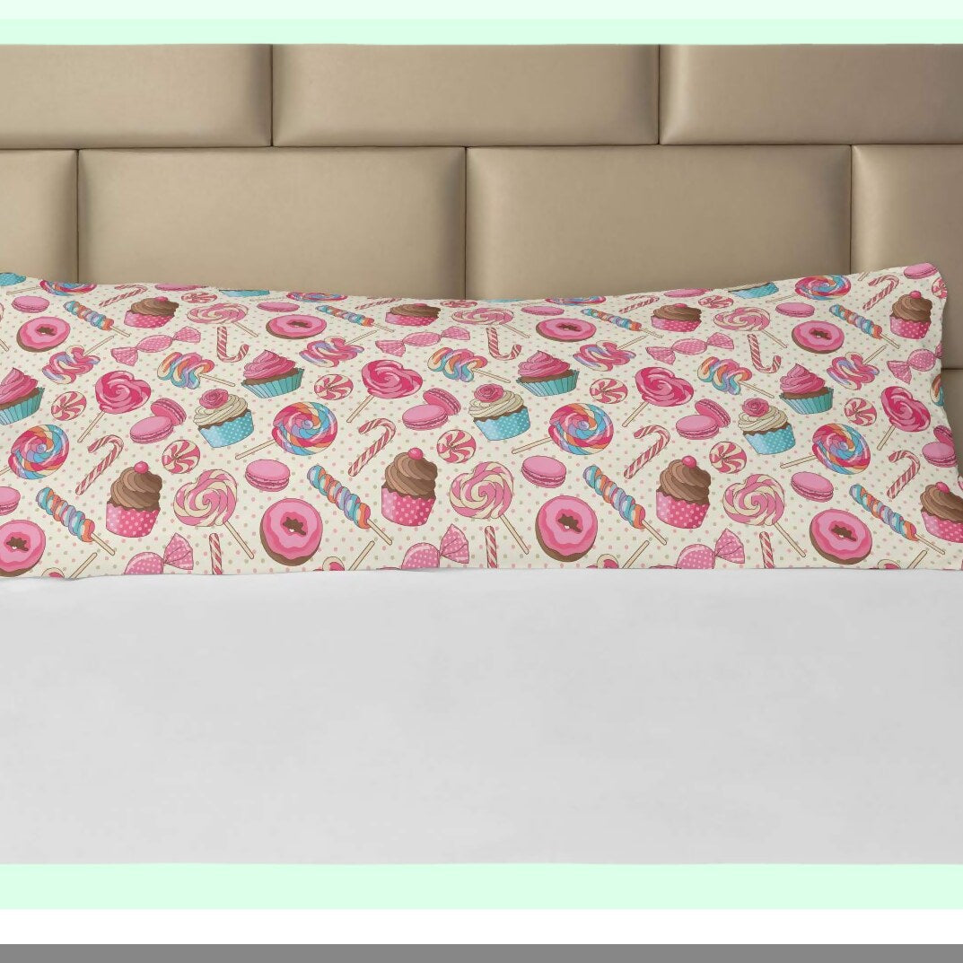 Yummy Candy Dream Pillowcase - Candy Cane & Lollipop Macaroon Cupcake Donut Polka Dots Pattern Zippered Body Pillow Cover, Decorative Accent, 21" x 54", Pink Blue