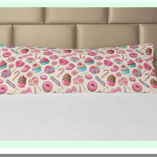 Yummy Candy Dream Pillowcase - Candy Cane & Lollipop Macaroon Cupcake Donut Polka Dots Pattern Zippered Body Pillow Cover, Decorative Accent, 21" x 54", Pink Blue