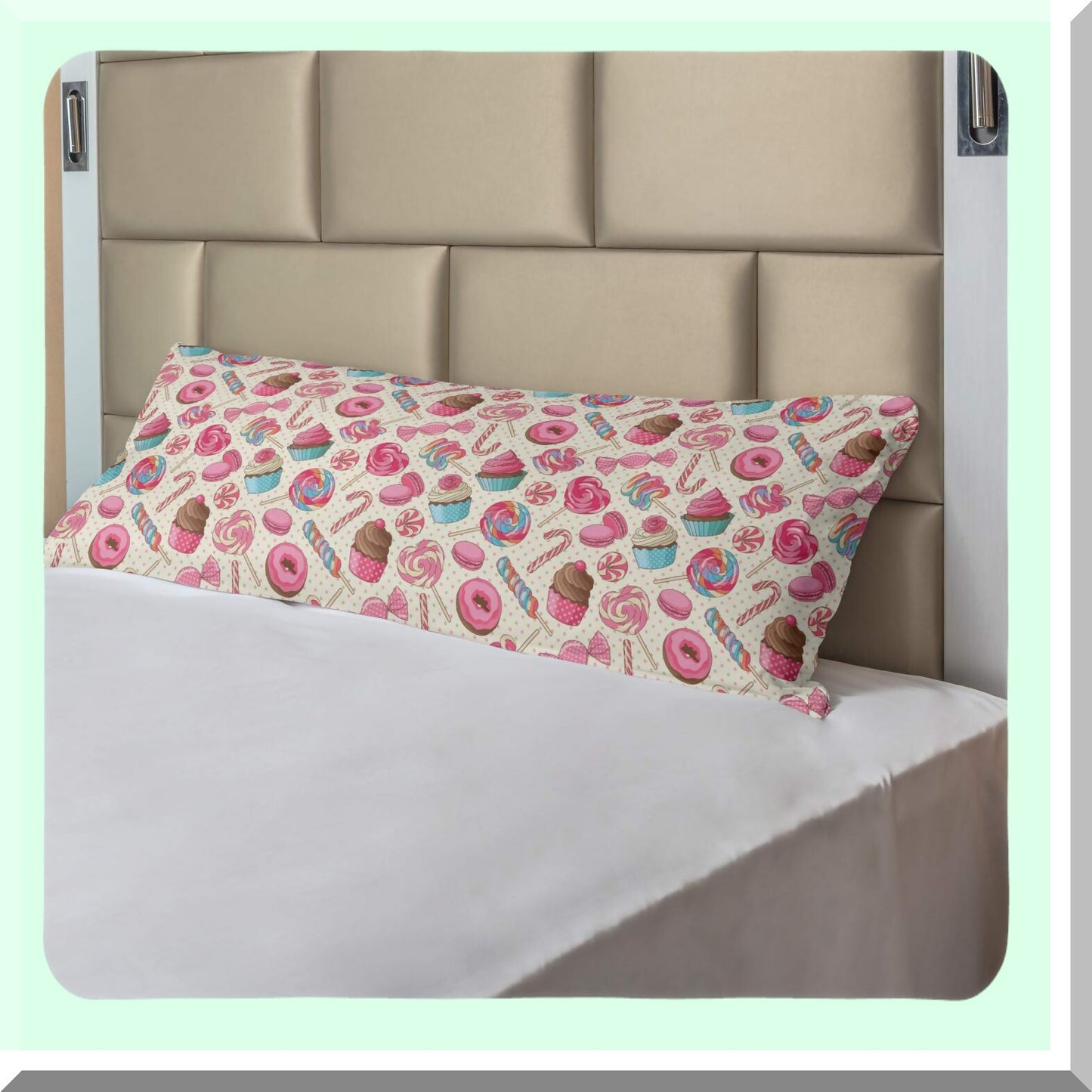 Yummy Candy Dream Pillowcase - Candy Cane & Lollipop Macaroon Cupcake Donut Polka Dots Pattern Zippered Body Pillow Cover, Decorative Accent, 21" x 54", Pink Blue