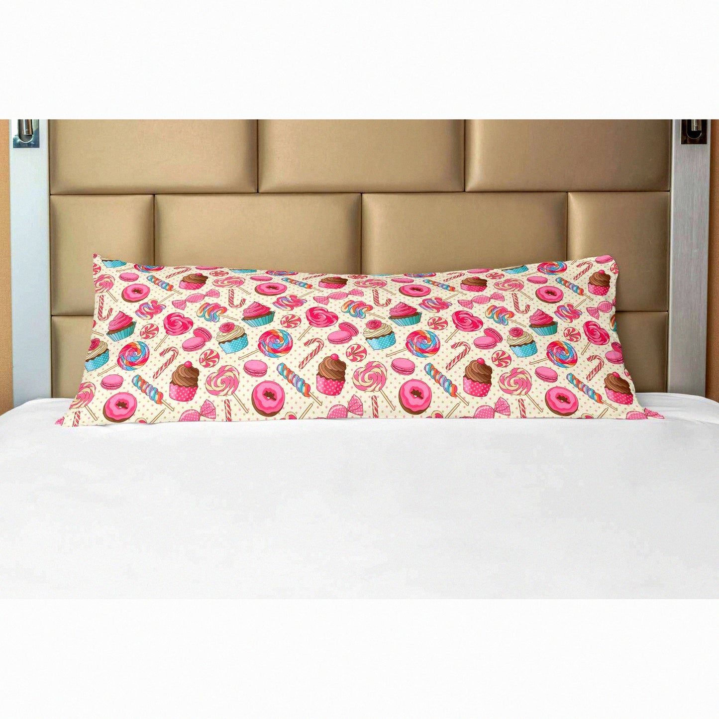 Yummy Candy Dream Pillowcase - Candy Cane & Lollipop Macaroon Cupcake Donut Polka Dots Pattern Zippered Body Pillow Cover, Decorative Accent, 21" x 54", Pink Blue