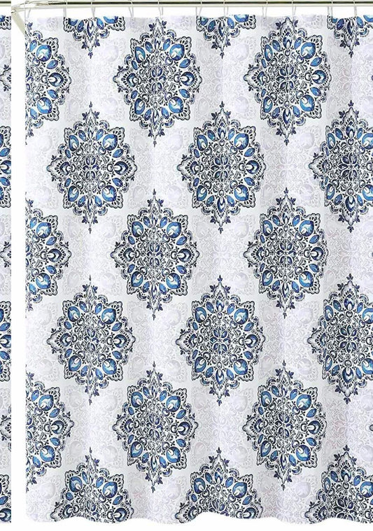 Navy Blue Fabric Shower Curtain with Floral Damask Design