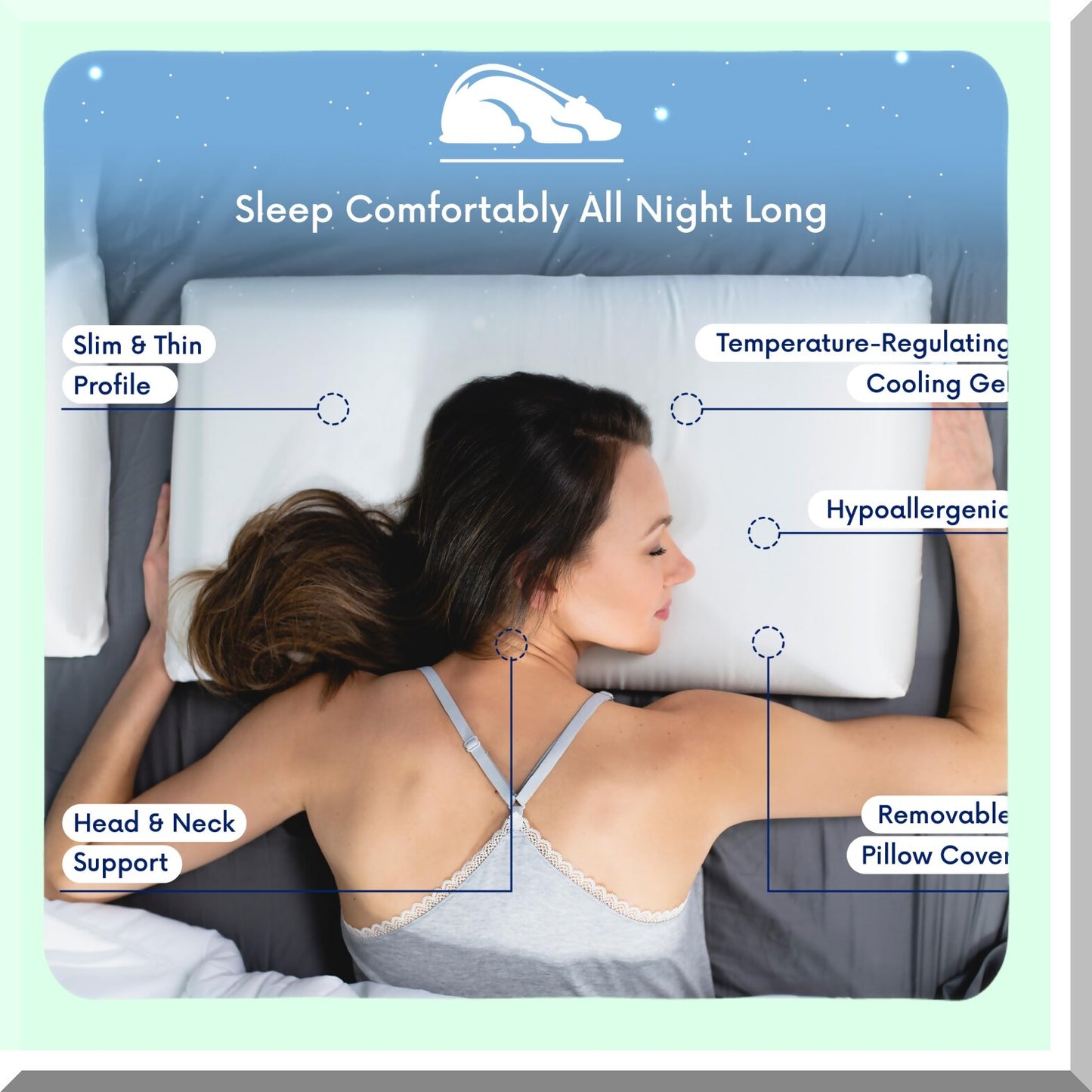 CoolSleep Belly Pillow - Thin Ergonomic Cooling Gel Memory Foam Pillow for Stomach & Back Sleepers. Provides Cervical Neck Alignment & Comfort.