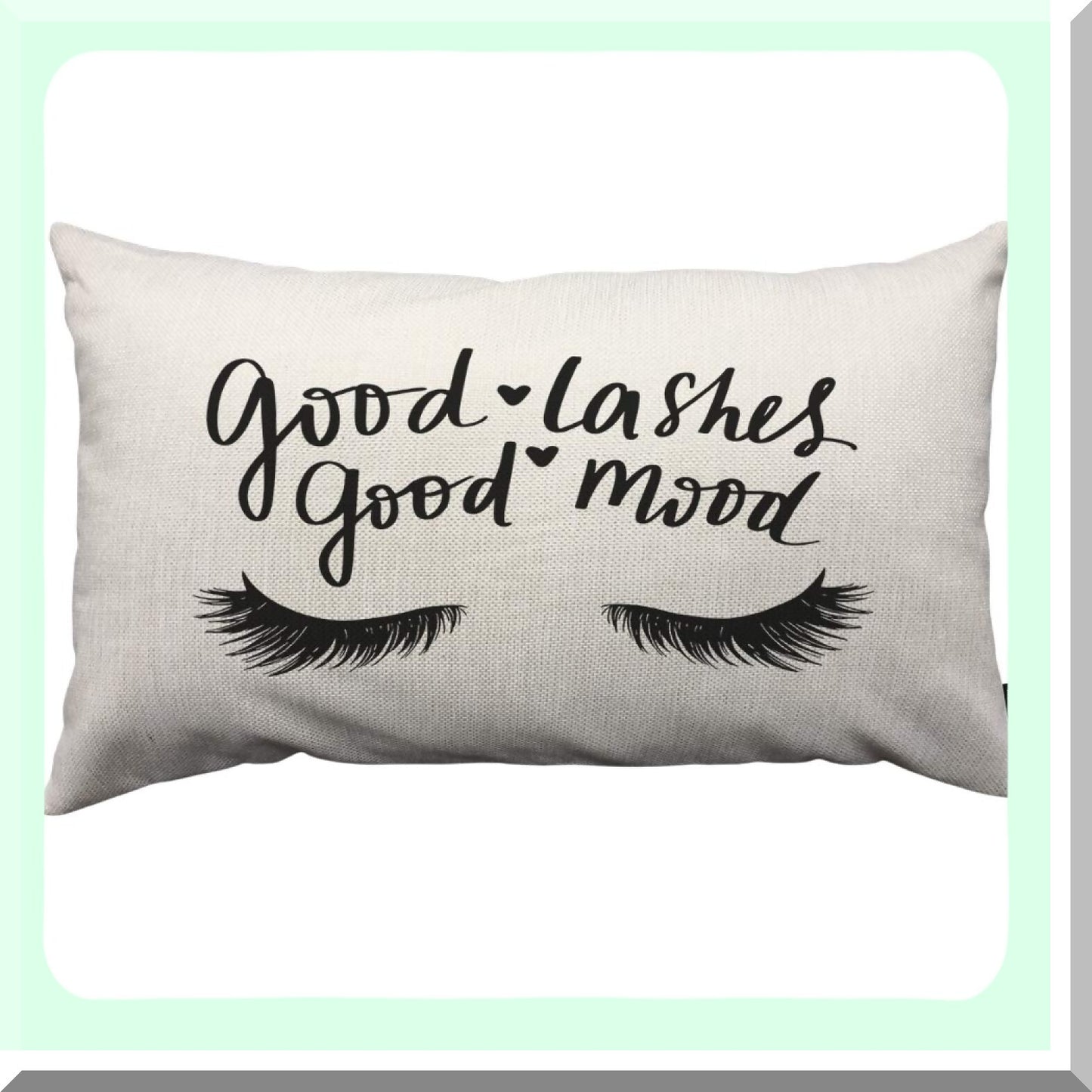 Linen Lash Quote Pillow Cover - Hand Sketched Cushion for Couch Bed Sofa Car - Good Lashes Good Mood - 12 x 20 inch Case